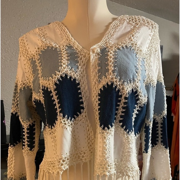 Nwt designer crocheted white denim fringed jacket by Adore classy unique medium - Picture 1 of 6